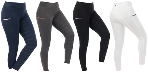 Riding World - Leggings de equitación para mujer Agadir | Leggings para equitación | Pantalones de equitación con ribete completo de silicona y cintura ancha | Pantalones de equitación con 2 bolsillos