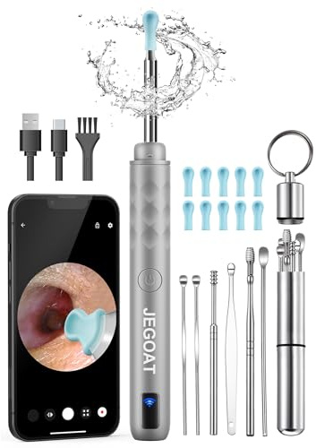 Jegoat Ear Wax Removal, Ear Wax Removal Tool Camera with 1296P HD Camera and 6 LED Lights, Ear Cleaner with 10 Ear Pick, Upgraded Ear Wax Removal Kit for iOS and Android, Gray