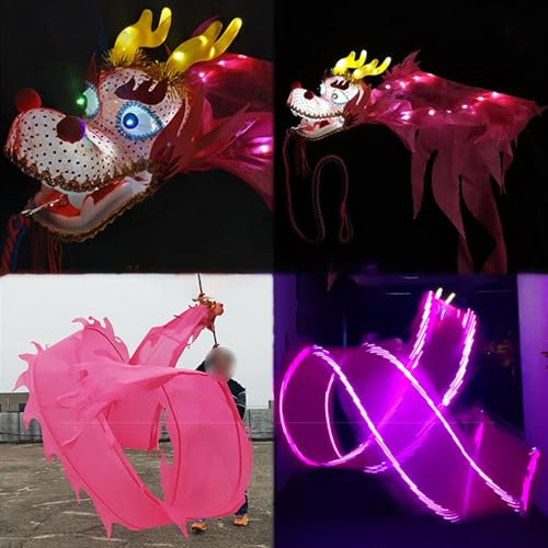 EXCLURA Jongliertücher Hellrosa Drache Poi Lila LED, Schleudert Drachen-Poi-Satin für Die Parade, Geführter Farbwechselnder Drachebandausläufer, Sport-Fitness-Drachentänzer(Size:6m (20ft))