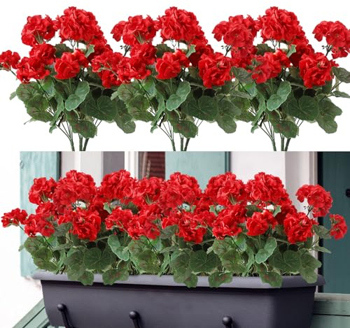 Weldomcor Lot de 6 Fleurs Artificielles de GéRanium en Soit avec Feuilles Mortes RéAlistes Balcon Fleurs Plantes Artificielle pour Jardin Maison Bureau FêTe Mariage Centre de Table (Rouge)