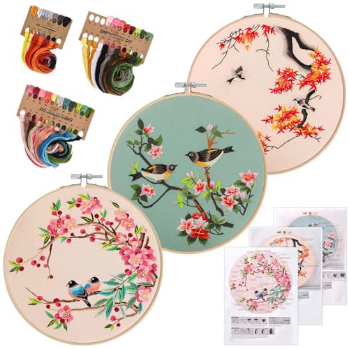 Zimoer Anfänger Stickerei Set, Kreuzstich-Sets Embroidery Starter Kit mit Blumen- und Vogelmuster und Anleitung, Sticktuch, Stickrahmen, farbige Fäden und Werkzeug für DIY Kunst, Handwerk (Stil A)