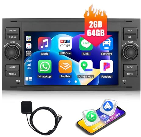 CAMECHO 2+64GB Android Car Stereo for Ford Focus Fiesta Kuga Transit Connect Mondeo S-Max C-Max Galaxy 7 Touch Screen Car Radio with Apple Carplay Android Auto GPS Sat Nav Bluetooth WiFi FM