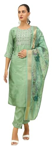 VredeVogel Kurta Set with Dupatta | Silk Blend Kurta Set for Women | Women's Ethnic Casual Kurti Set |Kurta Pant Festive Suit (Pista_Small)