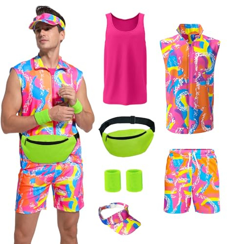 OPAEHJF 80er Jahre Workout Kostüme für Herren, 80er Jahre Outfit Herren Set,mit Bauchtasche, Sonnenblenden Hut, Handgelenkbänder, für Halloween Karneval Cosplay kleidung (S)