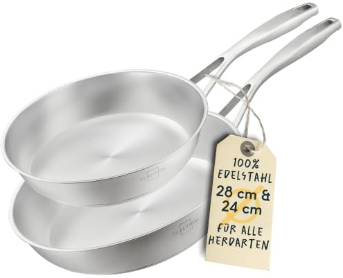 SILBERTHAL Pfannen Set 2 teilig - Edelstahlpfanne Unbeschichtet | 24 cm und 28 cm - Induktionsgeeignet - Backofenfest