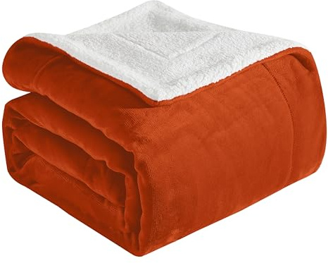 Elegant Comfort Ultra Soft Reversible Flannel Sherpa Blanket - Cozy Silky Fleece Throw for Couch, Bed - Plush Fuzzy Warm Winter Blanket for Gift, King, Orange