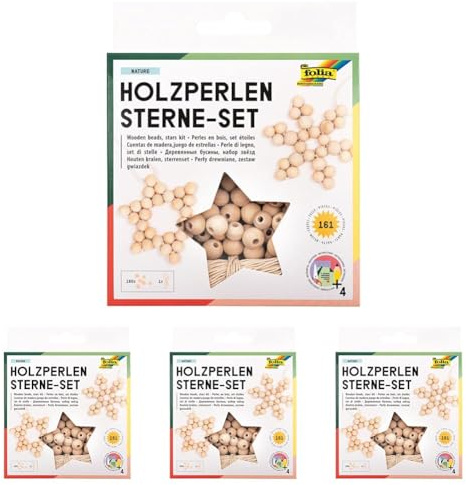folia 22520 - Holz-Perlen Sterne Set Nature, Bastelset mit 160 Holzkugeln und einer naturfarbenen Schnur zum Auffädeln, zum Basteln von Sternen und Anhängern (Packung mit 4)