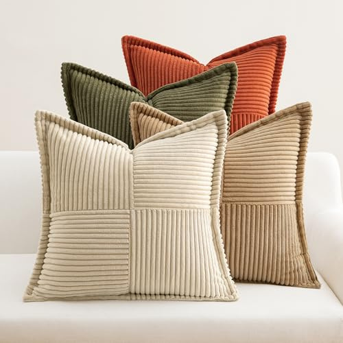 EMEMA Kordsamt Kissenbezug 40x40 Braun-grün Serie Kissenhülle 4er Set | Herbst Kissenbezüge Sofakissen Dekokissen Dekorativ Zierkissen Couchkissen für Wohnzimmer Schlafzimmer