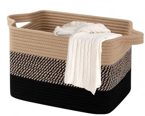 Hopelit Aufbewahrungskorb, Aufbewahrungskorb Kinder mit Griffen, Korb Aufbewahrung Groß Faltbarer Wäschekorb Geflochten aus Baumwollseil Für Badezimmer Kinderzimmer (60x40cm, Braun+Schwarz)