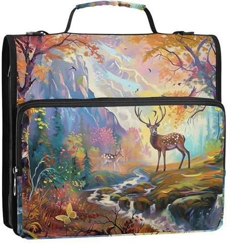 Zippered Binder Organizer Deer Forest Landscape Painting 1 1/2 Inch 3 Ring Binders D Ring Colorful School Binder Bag with Shoulder Strap Portfolio & Case Ring Folder Holder