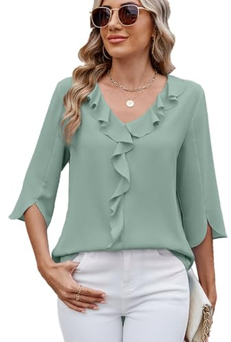 FUNSEED Blusa de gasa con cuello en V para mujer, blusa bohemia de verano de talla grande, camisetas casuales con volantes, verde ( Bean Green ), M