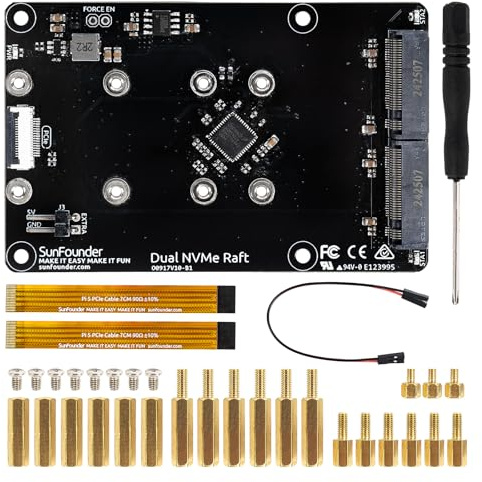 SunFounder Dual NVMe Raft für Raspberry Pi 5 PCIe Gen 2.0 zu M.2 HAT Key-M SSD Hailo-8L AI Accelerator Pip M.2 2230/2242/2260/2280, NAS RAID 0/1, Handbuch (Nicht kompatibel mit der Pironman Serie)