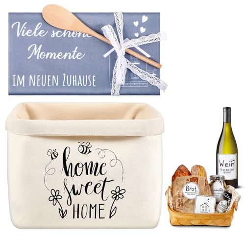 Sinmoe Geschenk zum Einzug Brotkorb mit Geschirrtuch Einzugsgeschenke Haus | Home sweet Home, Brot Salz Wein Aufkleber, Kochlöffel, Einweihungsgeschenk, Zum Wohnung Richtfest