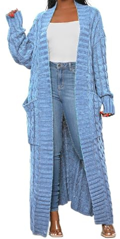 LIVECLOTH Womens Long Cozy Oversized Lounging Cardigan Sweaters, Chunky Cardigan Sweaters for Women Long Cable Knit, Floor Length Sweater (Lake Blue, L)