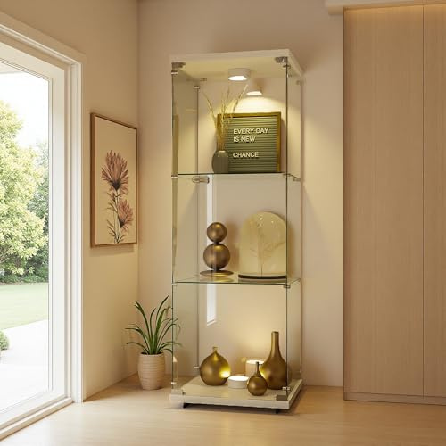 KRYZOR Glasvitrine mit LED Beleuchtung, Standvitrine mit Schloss, 1 Tür Glas Vitrine, 3 Lagen Glasvitrine Stehend, Vitrinenschrank, für Wohnzimmer Büro, Sammlervitrine, Weiß (Weiß)