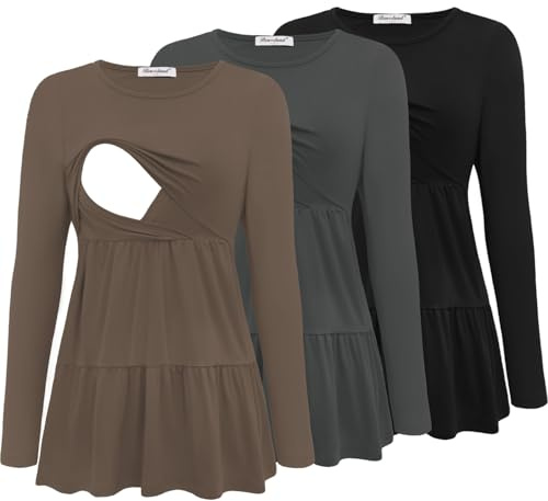 Bearsland Women’s Nursing Top 3pack Long Sleeve Scoop Neck Breastfeeding Shirts Nursing Shirt, Black & Iron Gray & Tea Brown, L