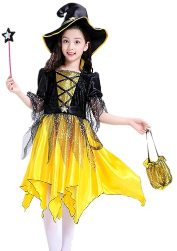 HAOZHENF Déguisement Sorciere Enfant Fille, Kit Sorcière avec Robe, Chapeau, Baguette Magique et Sac à Bonbons, Costume Sorcière Enfant pour Halloween Cadeau Fête, Carnaval, Cosplay