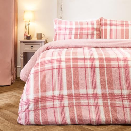 OHS Superking Teddy Fleece Duvet Set, Christmas Winter Fluffy Tartan Check Sherpa Reversible Duvet Cover Super Soft Warm Thermal Superking Teddy Bear Bedding with Pillowcases, Blush Pink