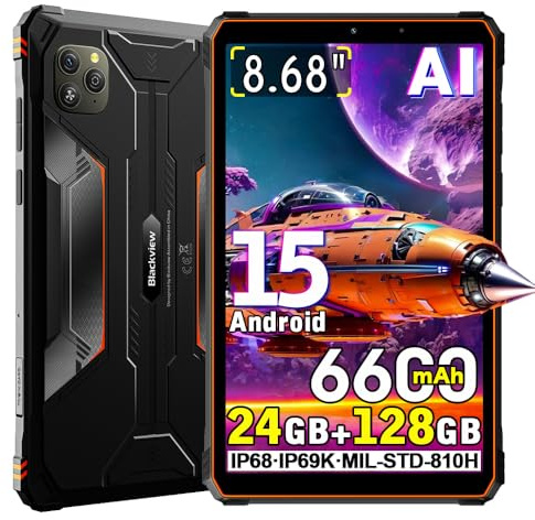 Blackview Active 5 IA Tablet Rugerizada 2025, 3 Modelos de IA, 8.68 HD+ 90Hz Android 15 Tablet Resistente, 24GB+128GB, 16MP+13MP, 6600mAh Rugged Tableta,4G Dual SIM/ IP68/NFC/OTG/GPS (Naranja)