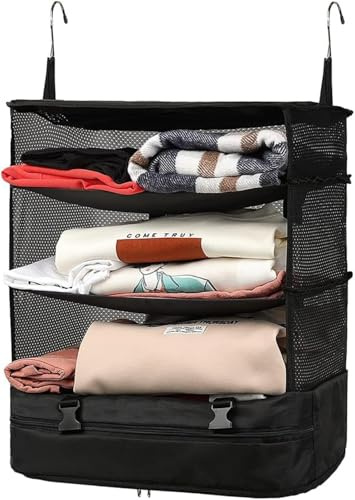 Organizador de equipaje de viaje, Portátil Viajar Bolsa de estanteria 3 estantes Maleta cubo de embalaje, Plegable Armario colgante Bolsa de almacenamiento Negro 55 * 46 cm