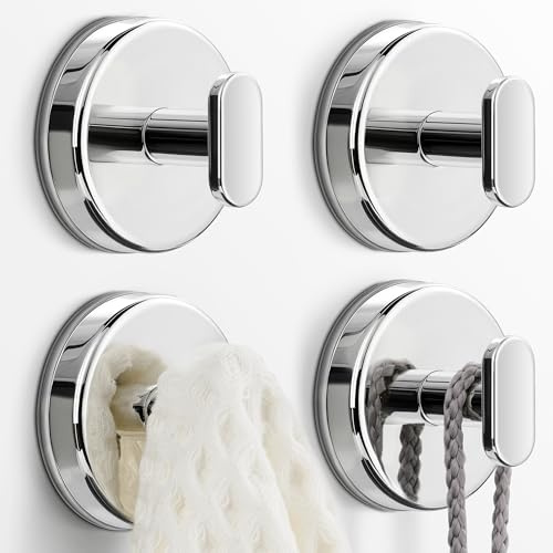 pickpiff Suction Cup Hooks for Shower: Extra Strong 15LB Hanger for Bathroom, Kitchen, Door, Mirror, Tile, Glass –Towel, Loofah, Coat, Robe – Waterproof & Rustproof, Silver 4-Pack