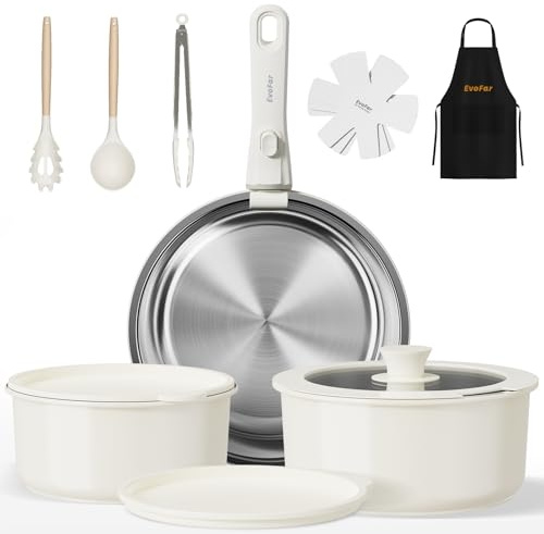 Stainless Steel Pots and Pans Set for Induction Hob, Detachable Handle | 14 piece set with 24cm Frying Pan, 18cm & 22cm Saucepans, Cookware Set for All Hob Types, White