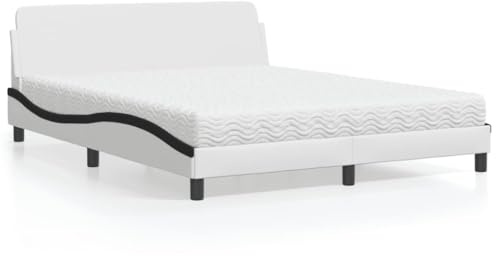 Kaloriko Dover säng med madrass, 160 x 200 cm, konstläder, vit, svart, vågformad design, komfortskummadrass H2/H3, sovrumsmöbler