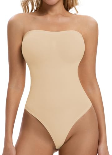 ONEW Strapless Bandeau Shapewear Bodysuit for Women Cami Bodysuit Top with Removable Spaghetti Straps Tummy Control Full Body Shaper