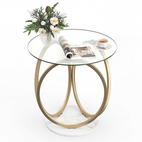 SOARS Tavolino da Caffè in Vetro Temperato, Tavolino Rotondo con Struttura in Metallo Dorato e Geometrico, Tavolino Moderno per Salotto, Camera, Cucina e Sala da Pranzo, Portata 30 KG