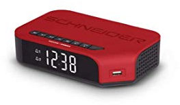 SCHENEIDER Viva Rouge, Radio FM Double Alarme programmable, Réveil Alarme ou Radio, Fonction répétition d'alarme, Port de Charge USB Adaptateur de Piles Taille Unique