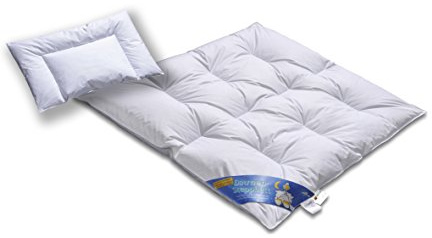 Hochwertiges Daunenbett & Daunendecke 100cm x 135cm 40cm x 60cm | Daunen und Federn Klasse 1 | Hülle 100% Baumwolle weiß | voll waschbar | Praktische Tragetasche | Deutsches Qualitätsprodukt