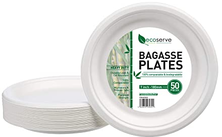 ecoserve tableware 50 Paper Plates White Bagasse Plates 7 Inch - Eco-Friendly Biodegradable and Compostable Perfect for Picnics BBQs and Parties