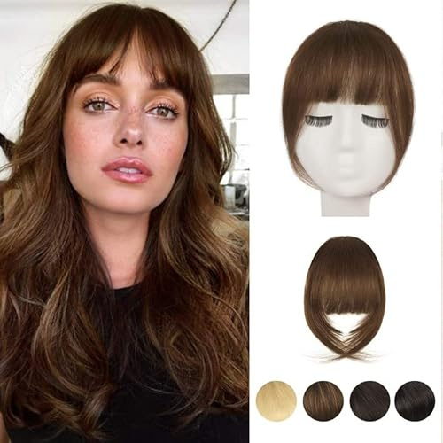 BARSDAR Frange à Clip Cheveux Humains, 100% Cheveux Naturel Humain Extension de Cheveux Frange à clip pour Femmes Marron Extensions Franges Épais French Bangs avec Tempes Postiche - Marron Moyen