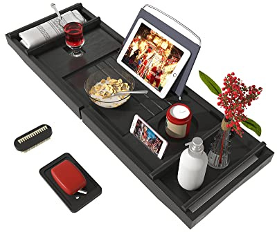 Bath Caddy Tray for Bathtub - Bamboo Adjustable Organizer Tray for Bathroom with Free Soap Dish Suitable for Luxury Spa or Reading(Black)