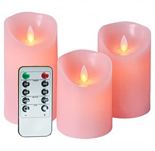 VETOUR Led Kerze Flammenlose Set von 3 Rosa 10,2 cm, 12,7 cm, 15,2 cm,Flammenloses Kerzenlichter Echtwachs Stumpenkerze Flackern Home Realistische Fernbedienung 10 Tasten mit 24-Stunden-Zeitschaltuhr