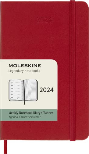Moleskine Wochenplaner mit Platz für Notizen 12 Monate 2024, Planer 2024, Taschenformat 9x14, Hardcover und elastischer Verschluss, scharlachrotes Rot