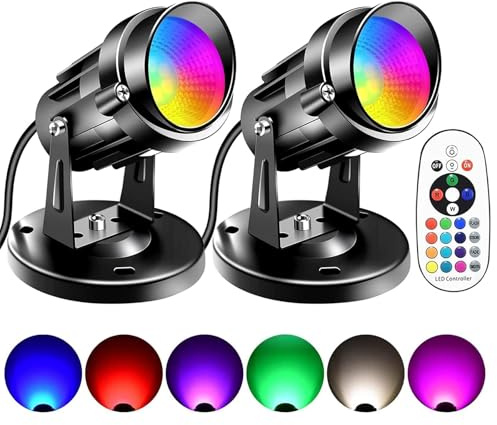 FZWLE RGBW 6W Color Changing Spot Lights with Remote, 16-Color Uplighting Indoor, 120V Plug-in & 6FT Cord, Includes Floor Foot Switch & Base (2-Pack)