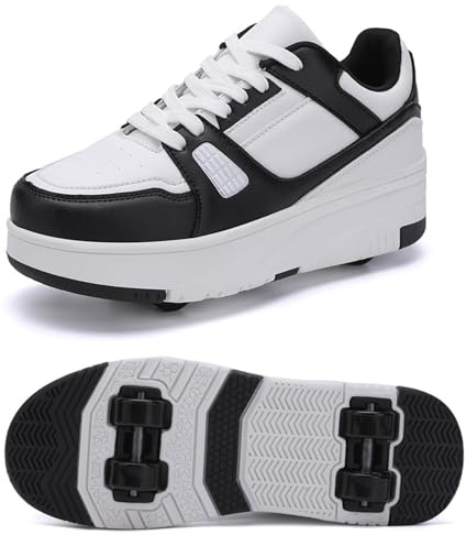 XRDSHY Schuhe mit Rollen für Jungen Mädchen, Skateboardschuhe Sportschuhe Turnschuhe Kinder Erwachsene, 2 in 1 Multifunktionale 4 Rollen Rollschuhe,Black-36 EU