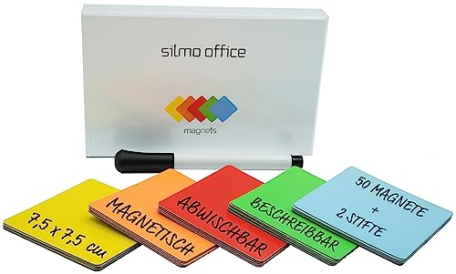 SILMO Magnetstreifen 50 Stück 7,5x7,5 cm - Magnetkarten selbstklebend - Wiederverwendbare Magnetschilder stark haftend - abwischbares Magnetkleber für Whiteboard & Büro - selbst zuschneidbar