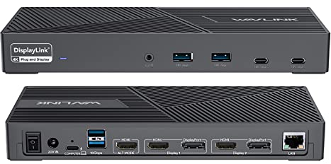 WAVLINK DisplayLink Docking Station 4K Tripla,15-In-1 USB C Dock Universale per Laptop,Triplo Monitor con 3xHDMI,2xDisplayPort,100W PD,Trasferimento Dati 10Gbps per Windows/Mac OS