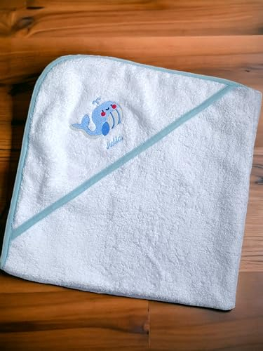 Generisch Baby Kapuzenhandtuch mit Namen und Motiv Bestickt personalisiert Badetuch Baby Stickerei (Weiß-Blau)