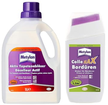 Metylan Bordüren Klebstoff für Bordüren aus Papier, Gewebe, Vinyl, für sicheres Haften (1x250g) & Metylan Tapetenablöser Aktiv-Konzentrat, löst schnell und problemlos (1x 1l)