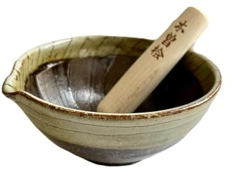 Japanischer Mörser & Stößel (Suribachi & Surikogi) Set Essens-Mahlschüssel, authentische Mino Ware Keramik, klein, 15,5 cm, Hellgrün und Dunkelbraun TR53433 aus Japan