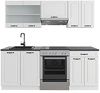 Vicco Küchenzeile R-Line, Weiß Landhaus/Weiß, 200 cm | 5 Module · Höhenverstellbare Füße · AP Anthrazit inkl. · MDF-Fronten · Mit Glasschrank · Frei kombinierbar