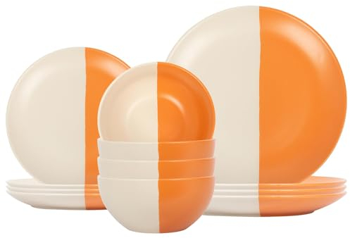Nicola Spring 12pc Eingetaucht Tafelservice aus Steinzeug - Gebranntes Orange - 4 Menschen Keramik Küche Essgeschirr Geschirr Essen Platten Schüsseln