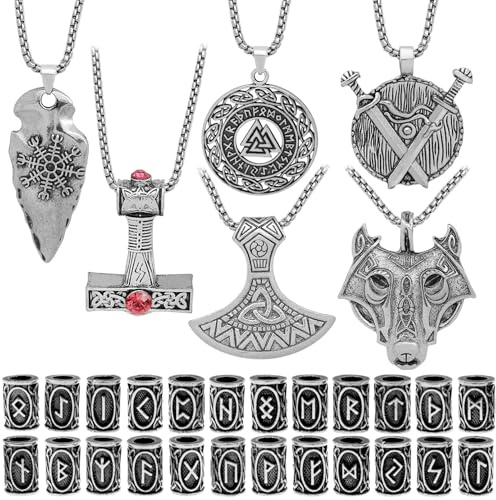 Fscwlmon 30 Pcs Norse Viking Runes Necklace Amulet Protection Pendant Hair Beard Beads Thor Hammer Jewelry for Men Women DIY Wolf