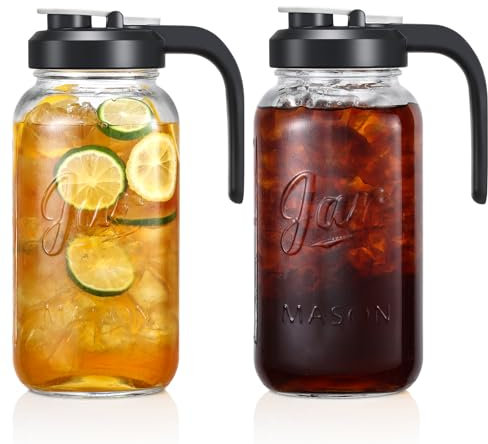 Set of 2, Glass Pitcher with Lid - 2 Quart Mason Jar Pitcher with Filter Lid, Wide Mouth Jar Leak-proof Water Jug, Heavy Duty Container for Water, Juice, Milk, Tea, Iced Coffee, and Drinks
