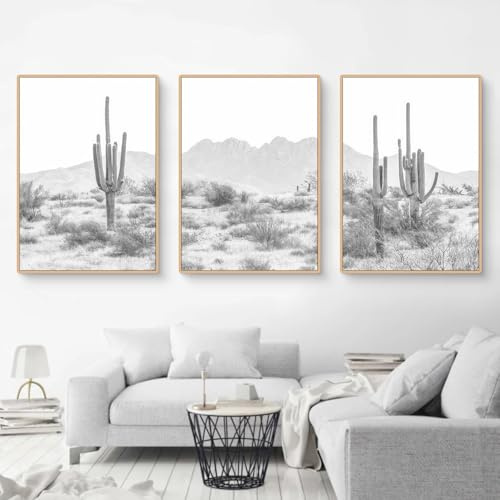 Ueiwffzo 3er Poster Set Wandbilder Wohnzimmer, Ungerahmte Schwarz Weiß Kaktus Wüste Bilder Wand Deko, Einfache Wandbild Kunstdruck Wanddeko für Wohnzimmer Flur (50 x 70 cm)