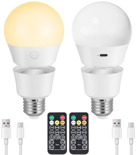 Ampoule LED Rechargeable Avec Télécommande, 7W Ampoule Connectée E27, 3 Couleur Dimmable Ampoules à Batterie, Timing, Magnétique Détachable LED Ampoules Sans Fil Pour Lampes, Urgence, 2Pcs