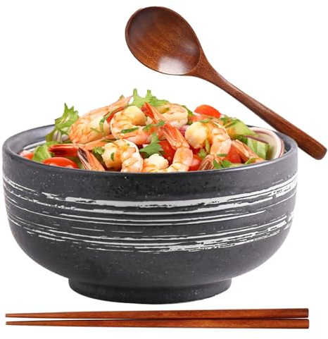 TuYines Ramen Bowl, Juego de tazón de ramen, Cerámica, Estilo Japonés, 16 cm x 9 cm, 3 piezas, Incluye cuchara y palillos